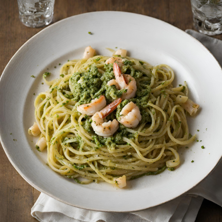 Pasta mit Pesto di Pistacchio e Scampi